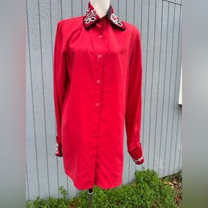 Vintage Regalia Long Red Blouse with Bejeweled Collar